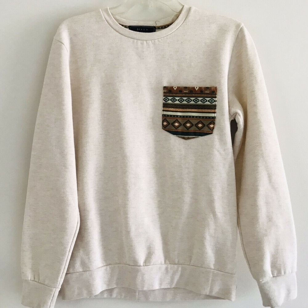 21 men | Aztec Pocket Sweatshirt Crewneck Mens Sz S Beige Pullover Long Sleeve